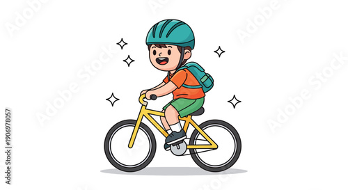 Happy young boy riding bicycle with helmet and backpack.