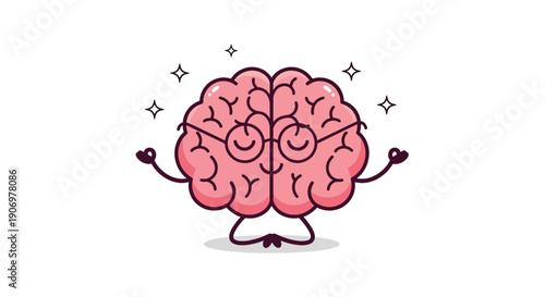 Meditating Brain Cartoon Illustration with Glasses.
