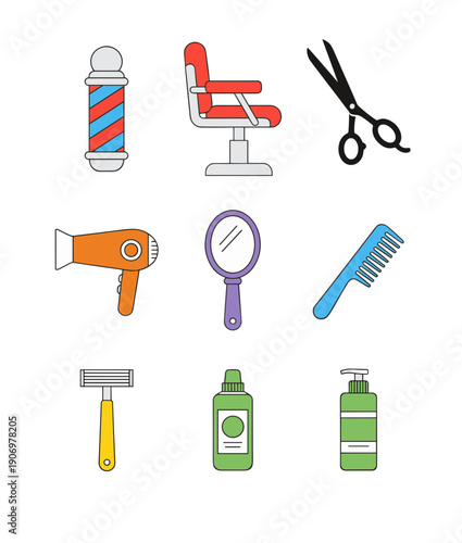 Barbershop and Hair Salon Professional Tools Collection with Barber Pole Chair Scissors Hairdryer Mirror Comb Razor and Beauty Products