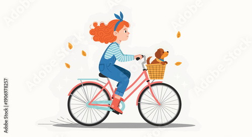 Young girl with red hair riding bicycle with small dog in basket.