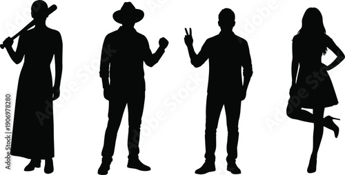 People silhouette set showing men and woman in casual poses, hand gestures and accessories, lifestyle vector illustration collection isolated on white background