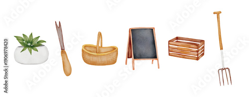 Gardening in watercolor collection flat vector on white background