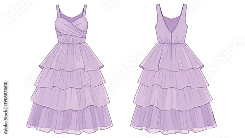 Technical flat sketch of a stylish lilac tiered dress design illustrating front and back views