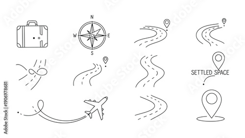 Journey Illustration: A collection of travel-related illustrations, including a suitcase, compass, winding roads, airplanes, and map markers, suggesting adventure and exploration. 