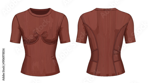 Detailed technical fashion drawing showcasing front and back views of a terracotta ribbed short sleeve top with precise bust shaping and ergonomic