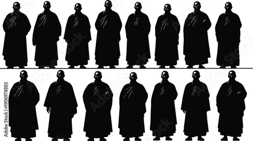 Row of Buddhist monk silhouettes in traditional robes, minimalist black and white vector illustration, spiritual meditation concept, symmetry, standing figures isolated on white background