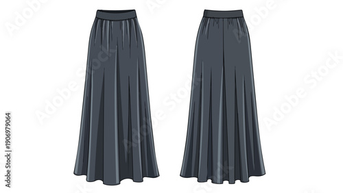 A detailed vector illustration showcasing a long, elegant maxi skirt design in a deep charcoal hue, presented with front and back views for