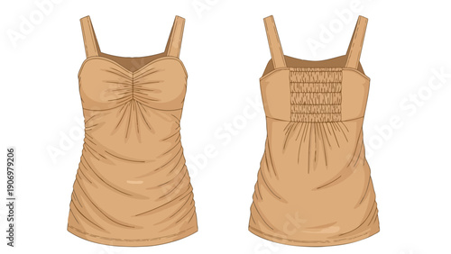 Detailed flat technical sketch illustrating front and back views of a versatile women's camisole with ruched bust and smocked back panel design for