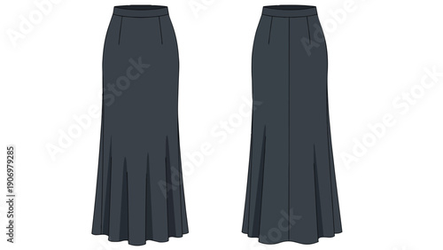 Detailed technical flat sketch of a sophisticated floor-length mermaid skirt presented in charcoal grey for fashion design inspiration and apparel