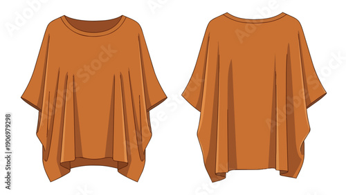 Elegant loose-fit women's top flat sketch in a warm terracotta hue, showcasing comfortable casual fashion design with a versatile relaxed silhouette