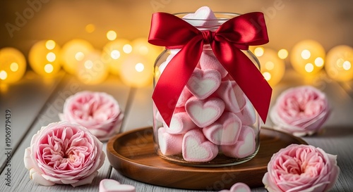 Valentine Marshmallows Gift Jar with Red Ribbon and Pink Roses