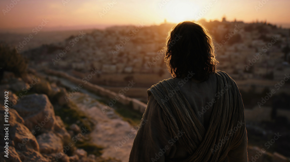Obraz premium Jesus Christ looking at Jerusalem from hill, back view of messiah, ancient city sunset background, spiritual religious concept, praying over the city.