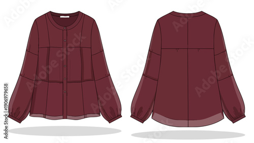 Technical flat sketch showcasing a comfortable and elegant maroon women's oversized button-front blouse with stylish gathered long sleeves and a