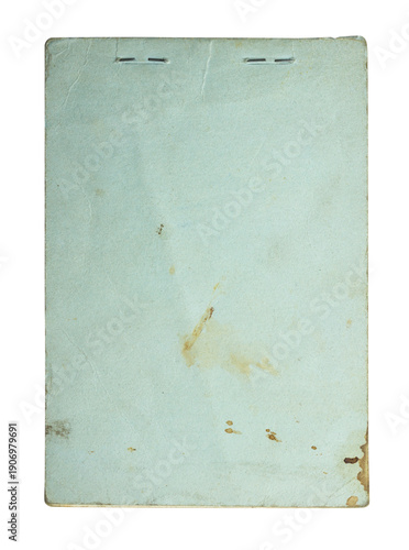 Aged pale blue paper cover with staples and stains, blank vintage texture for backgrounds and mockups, isolate
