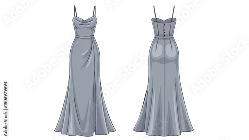 Elegant technical sketch of a long formal evening gown featuring delicate spaghetti straps and a graceful cowl neck design, suitable for fashion
