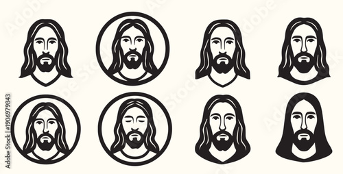 Nine Black and White Illustrations of Jesus Christ Head and Shoulders Portraits Some in Circles