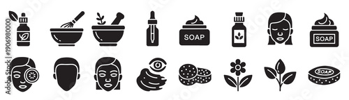 set of diy natural skincare glyph icons facial beauty