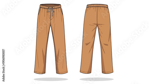 Vector illustration of casual brown drawstring pants, featuring both front and back views. Highlights an elastic waistband with white tie. Ideal for