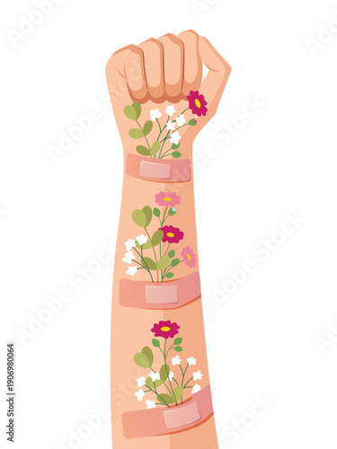 Raised Fist with Floral Growth from Bandaged Wounds – Concept of Resilience and Strength