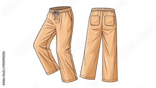 Detailed illustration of comfortable light tan casual trousers, showcasing precise front and back views with an elastic drawstring waist and
