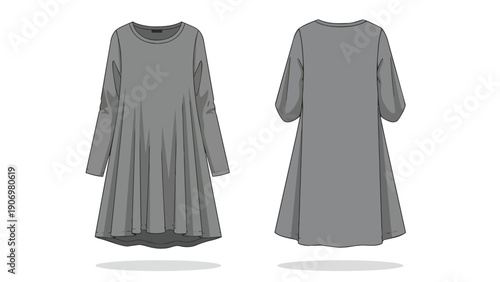 minimalist grey long sleeve swing dress technical flat sketch for women's fashion design template vector illustration garment mockup style guide