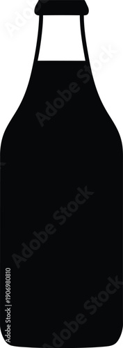 Black glass soda bottle silhouette with crown cap isolated on white background, beverage container icon for refreshing cold carbonated drink.
