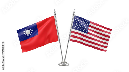 Taiwan and USA Desk Flags: Realistic 3D Illustration of Bilateral Relations