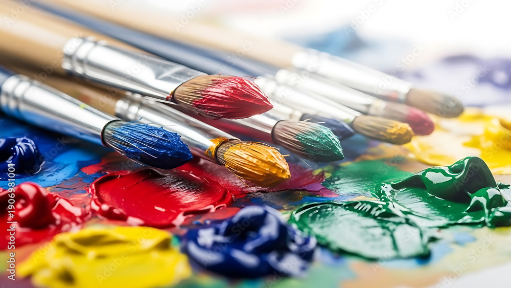 Obraz premium Closeup of colorful paintbrushes with paint on the bristles and a blurred background