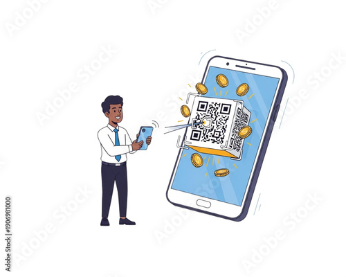 Man scanning 3D QR code on giant smartphone for digital payment. Flat vector illustration of mobile banking, cashless money transfer, fintech transaction and online shopping with flying gold coins.