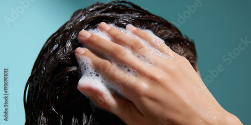A hand gently massaging shampoo into wet hair