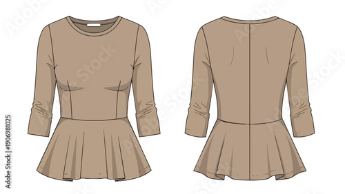 Contemporary Women's Peplum Top Technical Fashion Flat Illustration Front and Back Views Apparel Design Drawing
