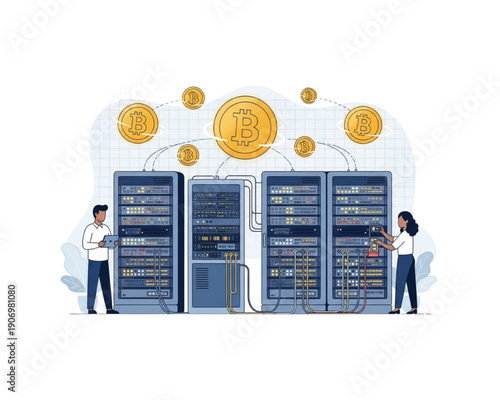 Bitcoin mining farm data center. Technicians monitoring server racks to generate crypto currency. Flat vector illustration of blockchain technology, digital finance and network engineering team.