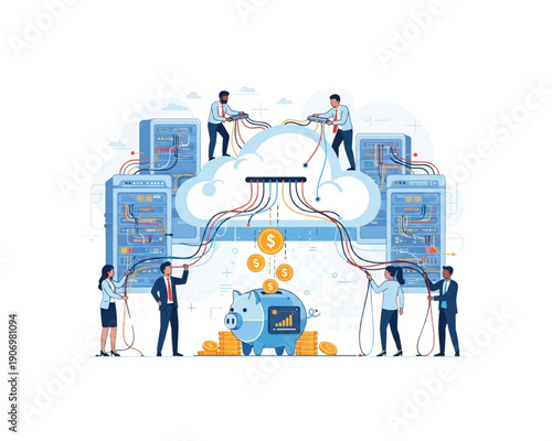 Cloud Computing Team Connecting Servers to Monetize Data: Business People Linking Cables to Clouds with Piggy Bank, Coins, and Growth Graph - Flat Vector Illustration for Tech Finance Concepts