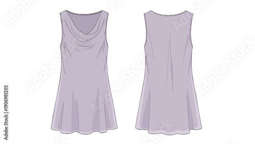 Lavender cowl neck sleeveless tunic technical flat sketch, front and back, for apparel design.