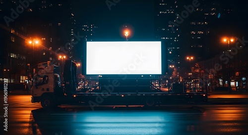 A large truck carrying a DOOH videotron traverses a suburban street at night, isolated against the backdrop of city lights at night.