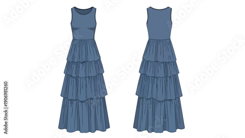 Illustrative technical flat sketch showing front and back views of a flowing indigo blue tiered maxi dress perfect for casual elegance and warm