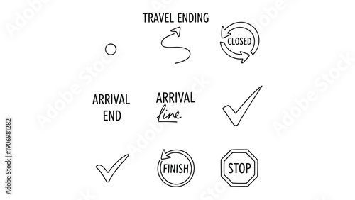 Travel Signage: A collection of minimalist travel-related icons convey journey's stages and destinations, offering visual guidance for navigating.