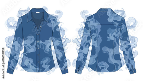 Contemporary denim long-sleeved shirt design featuring an intricate ethereal blue smoke pattern gracefully swirling across both front and back views