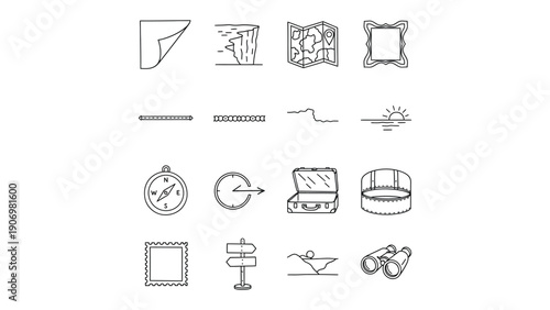 Line art travel set: A curated collection of line art icons, each element representing the essence of travel and exploration. These simple yet elegant graphics.