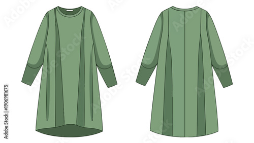 Minimalist long-sleeved green tunic dress technical fashion flat illustration a versatile apparel design template for comfortable