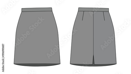 Detailed technical illustration of a classic gray pencil skirt showcasing both front and back views. Perfect for precise fashion design documentation.