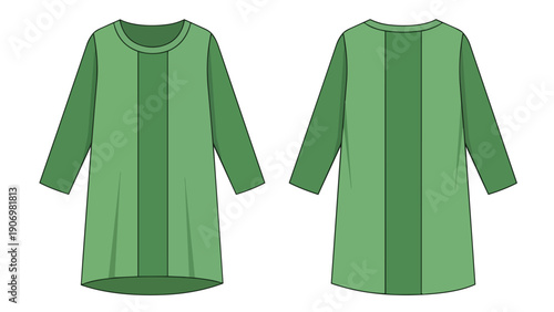 Technical illustration of a minimalist long-sleeved green tunic dress with distinct color-block paneling