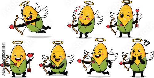 Cute Corn Cupid Character Collection with Heart Arrow Flat Cartoon Vector Illustration Isolated on White Background