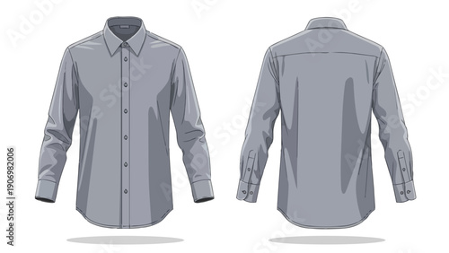 Detailed vector mockup of a sleek grey long-sleeved men's button-up shirt, featuring both front and back views. Ideal for apparel design and