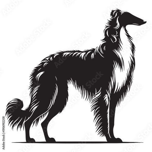 Elegant Borzoi Dog Vector Silhouette Illustration Featuring Long Legs Flowing Coat Graceful Pose Perfect For Logos Posters T-Shirts Prints Branding Social Media Pet Lovers Designers Creative.