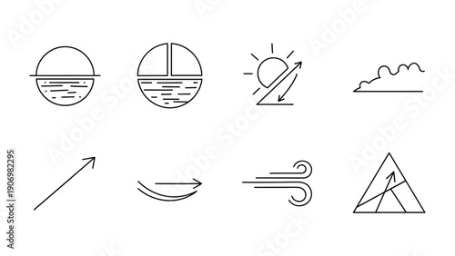 Weather Symbols: Simple line drawings represent the weather, including sun, clouds, wind, and atmospheric elements. These minimalist illustrations are perfect for conveying weather forecasts.