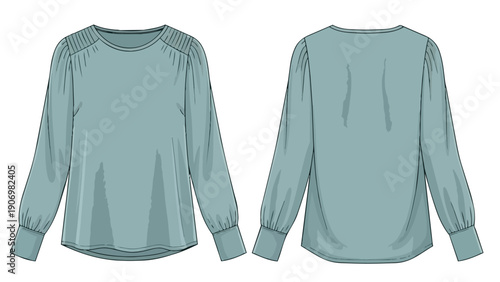 Women's long-sleeve teal blouse technical flat drawing featuring elegant shoulder gathers and elasticized cuffs. Front and back views provided for