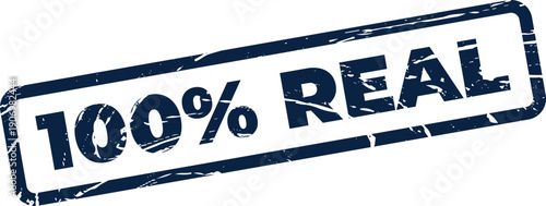 Grungy rectangular rubber stamp asserting one hundred percent real authenticity, useful for product claims and marketing materials