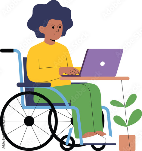 Disabled woman working on laptop with wheelchair at desk