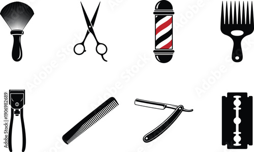 Barber Tools Black Silhouette Icon Set Isolated On White